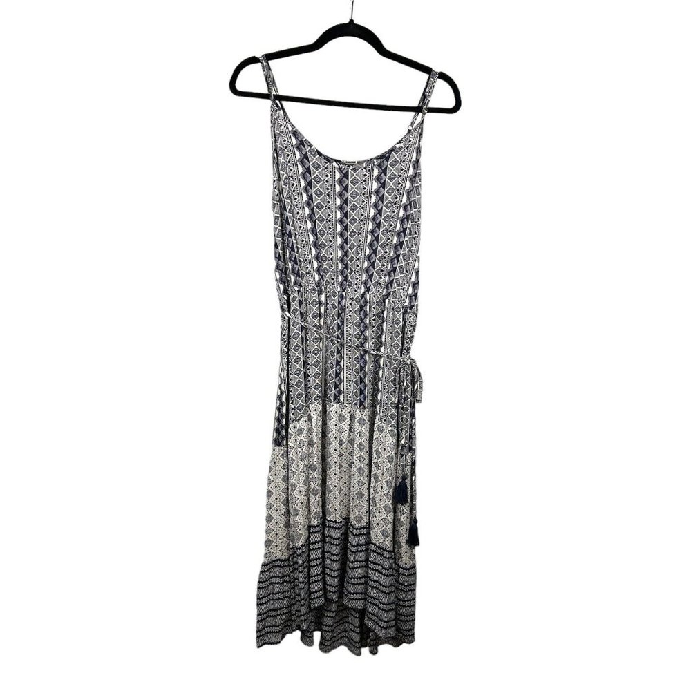Knox Rose Womens Size M Blue White Printed Spaghetti Strap Tie Waist Midi Dress